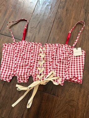 Lyrebird purchased from anthropology Red and White Gingham Lace-Up Crop Top